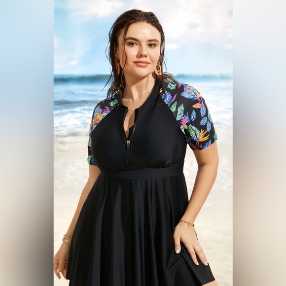 BloomChic Other - BloomChic Black One-Piece Swim Dress with Tropical Print Sleeves. Size 18/20